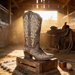 Corral brown leather cowboy boots with white embroidery. Size: US 8.5
